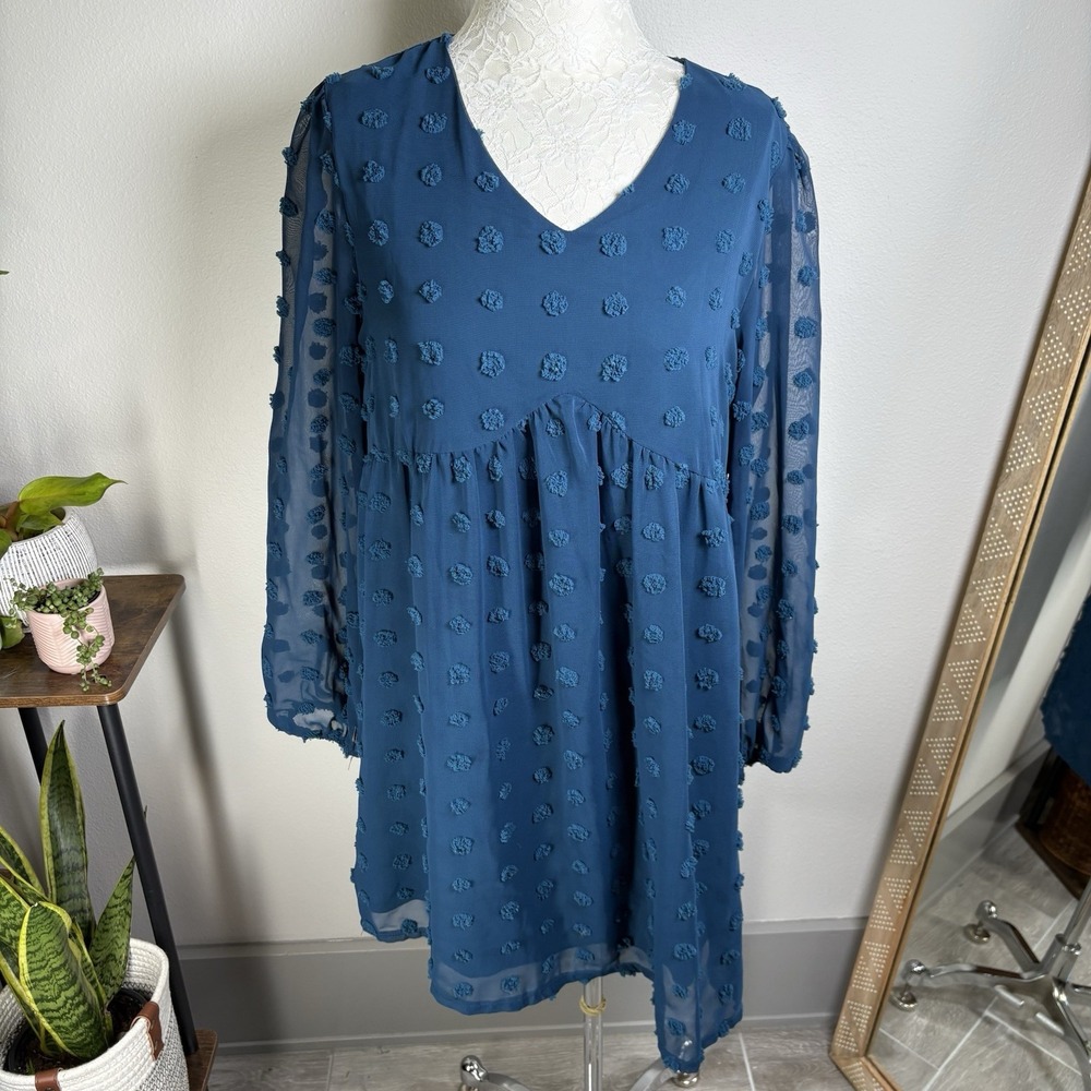 KIRUNDO Womens M Blue PomPom Babydoll Dress Boho Cottagecore Chiffon Long Sleeve